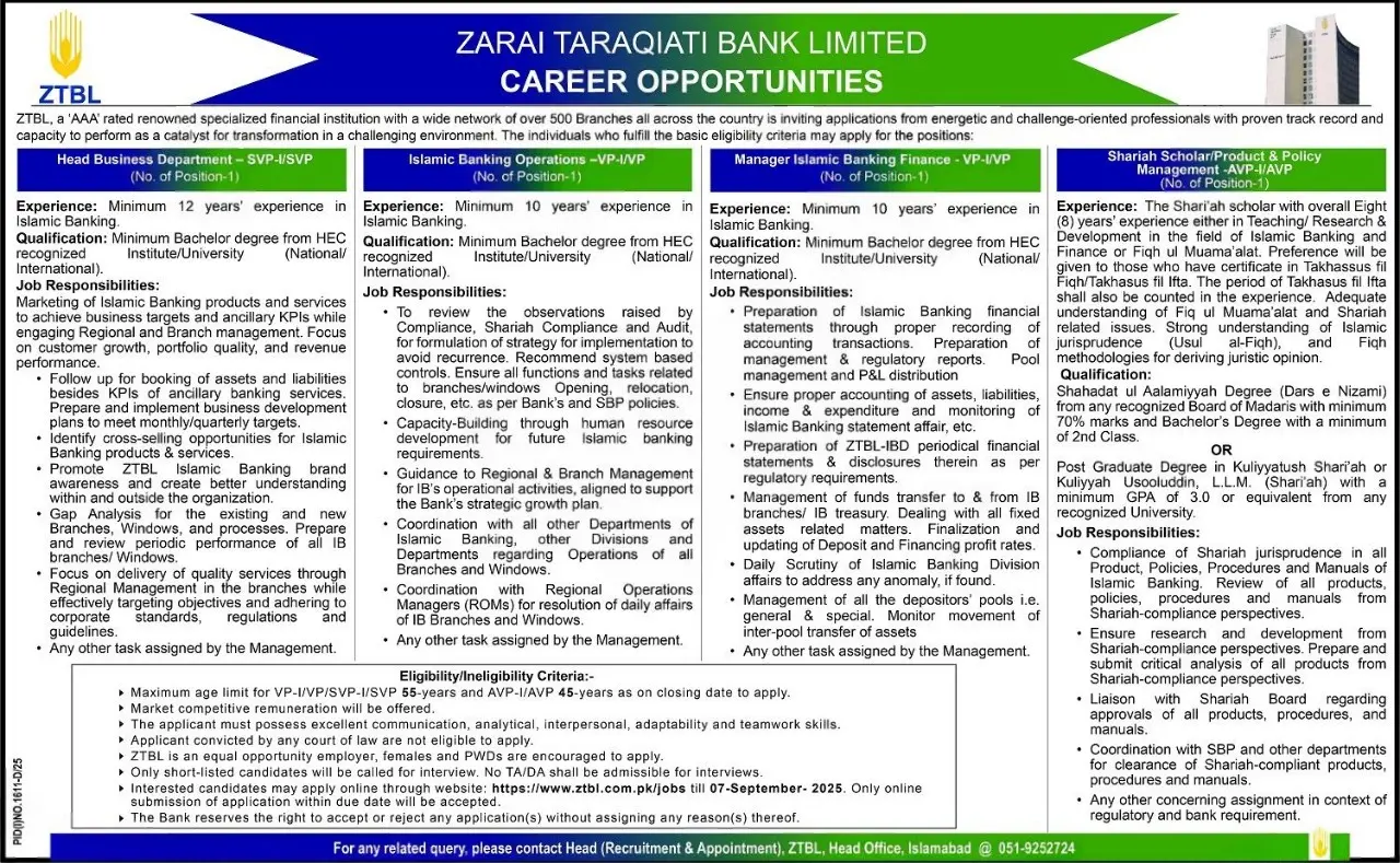 Zarai Taraqiati Bank Limited Careers Online Apply ZTBL Jobs 2025 Today Advertisement