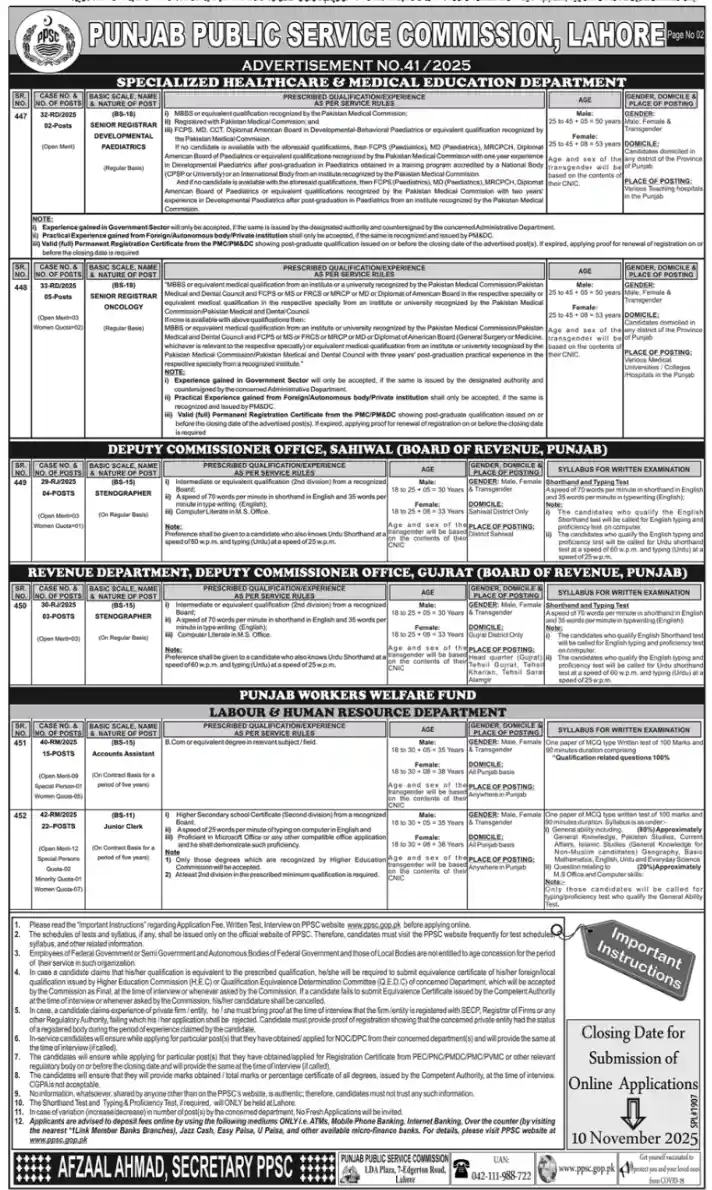PPSC Jobs Online Apply Advertisement No 412025