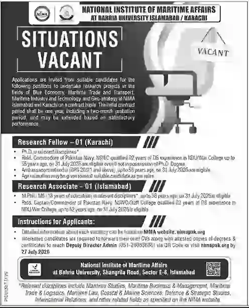 National Institute of Maritime Affairs Jobs 2026 Advertisement