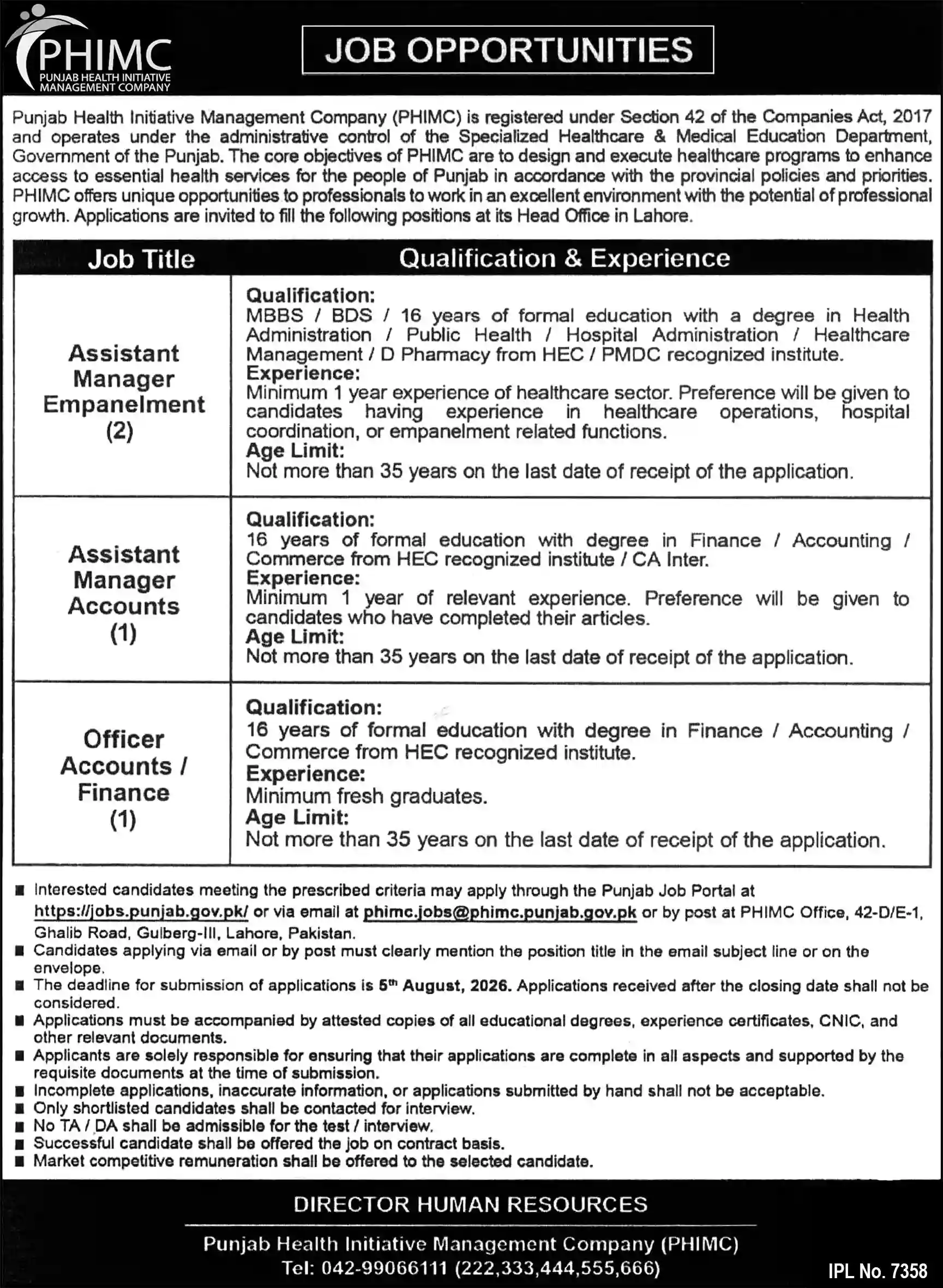 PHIMC Lahore Jobs 2026 Advertisement