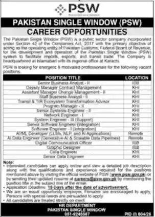 Pakistan Single Window PSW Careers 2026 Advertisement