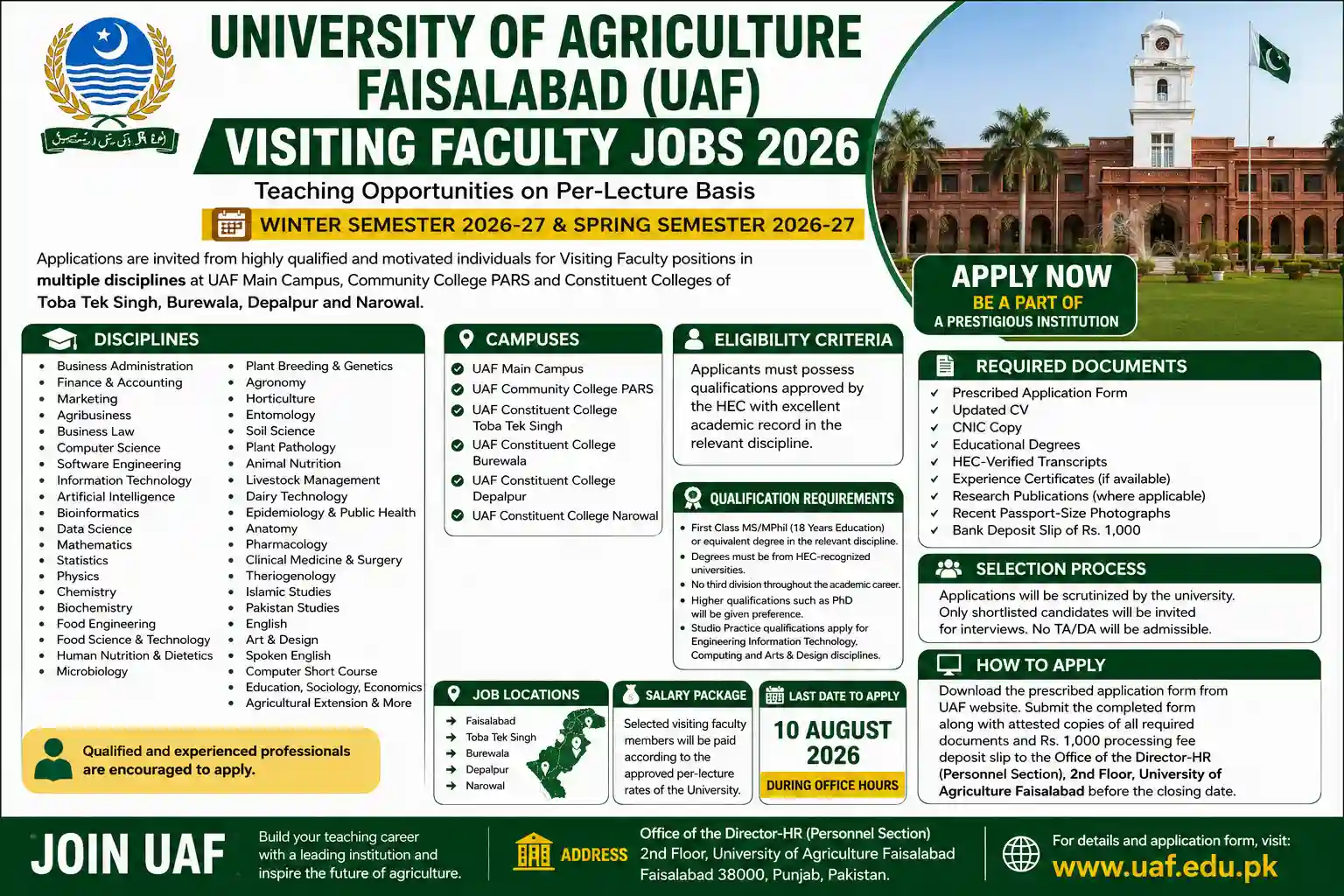 University of Agriculture Faisalabad UAF Jobs 2026 Online Apply