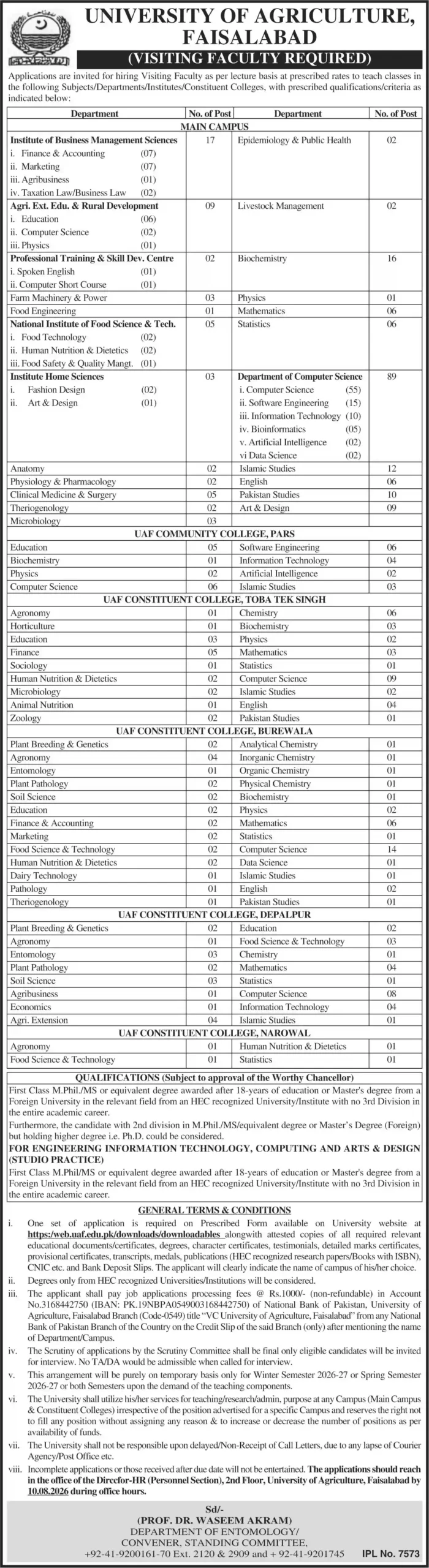 University of Agriculture Faisalabad UAF Jobs 2026 Advertisement